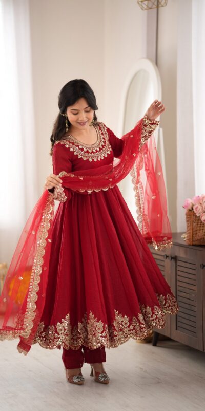 SR 1723 Maroon Doremon Crush Gown with Lace Work & Mirror Work. Exclusive Offer ₹2449. Delivery 4-6 Working Days. Shop now. | Bollywood Gowns, Creative Gowns, Designer Gowns, Embroidered Gowns, Gowns, Party Wear Gowns