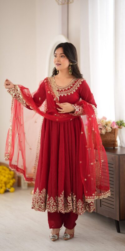 SR 1723 Maroon Doremon Crush Gown with Lace Work & Mirror Work. Exclusive Offer ₹2449. Delivery 4-6 Working Days. Shop now. | Bollywood Gowns, Creative Gowns, Designer Gowns, Embroidered Gowns, Gowns, Party Wear Gowns