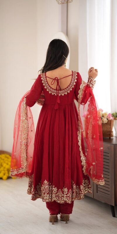 SR 1723 Maroon Doremon Crush Gown with Lace Work & Mirror Work. Exclusive Offer ₹2449. Delivery 4-6 Working Days. Shop now. | Bollywood Gowns, Creative Gowns, Designer Gowns, Embroidered Gowns, Gowns, Party Wear Gowns