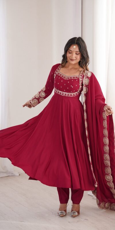 ZF 5026 Maroon Colour Roman Silk Salwar Suit with Embroidery Work. Best Price ₹2399. Delivery 4-6 Working Days. Online Shop now. | Anarkali Suits, Bollywood Anarkali, Creative-Anarkali, Designer Anarkali, Embroidered Anarkali, Party Wear Anarkali
