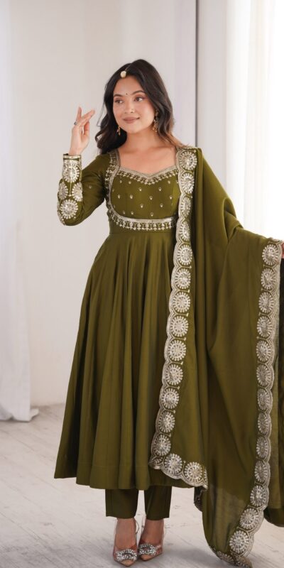 ZF 5026 Mehendi Colour Roman Silk Salwar Suit with Embroidery Work. Best Price ₹2399. Delivery 4-6 Working Days. Online Shop now. | Anarkali Suits, Bollywood Anarkali, Creative-Anarkali, Designer Anarkali, Embroidered Anarkali, Party Wear Anarkali