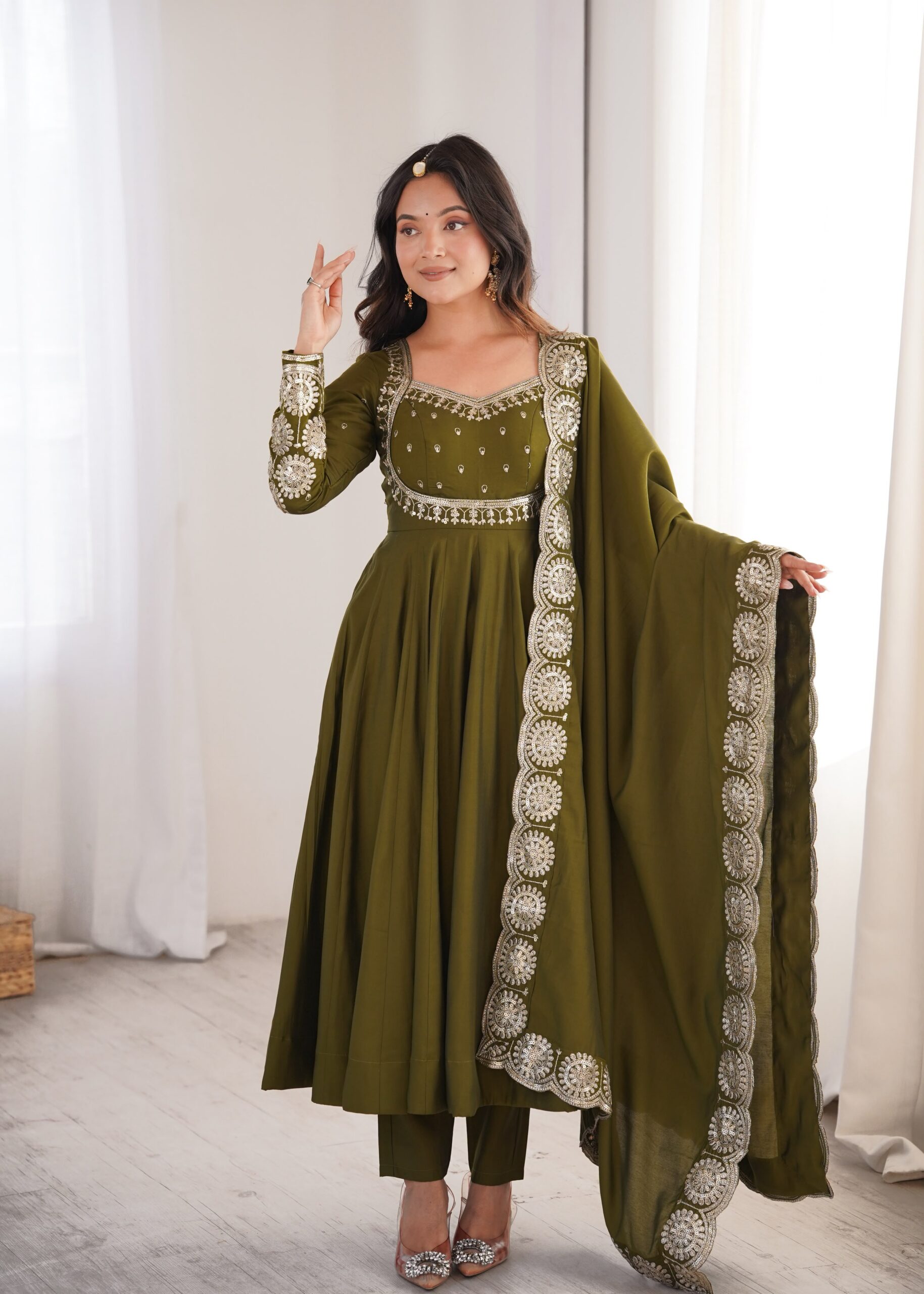 ZF 5026 Mehendi Colour Roman Silk Salwar Suit with Embroidery Work. Best Price ₹2399. Delivery 4-6 Working Days. Online Shop now. | Anarkali Suits, Bollywood Anarkali, Creative-Anarkali, Designer Anarkali, Embroidered Anarkali, Party Wear Anarkali