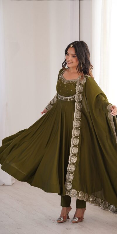 ZF 5026 Mehendi Colour Roman Silk Salwar Suit with Embroidery Work. Best Price ₹2399. Delivery 4-6 Working Days. Online Shop now. | Anarkali Suits, Bollywood Anarkali, Creative-Anarkali, Designer Anarkali, Embroidered Anarkali, Party Wear Anarkali