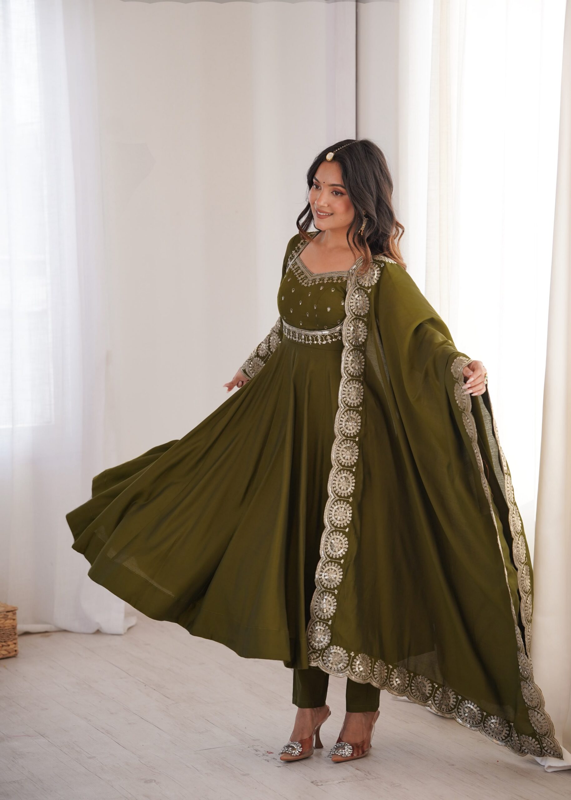 ZF 5026 Mehendi Colour Roman Silk Salwar Suit with Embroidery Work. Best Price ₹2399. Delivery 4-6 Working Days. Online Shop now. | Anarkali Suits, Bollywood Anarkali, Creative-Anarkali, Designer Anarkali, Embroidered Anarkali, Party Wear Anarkali