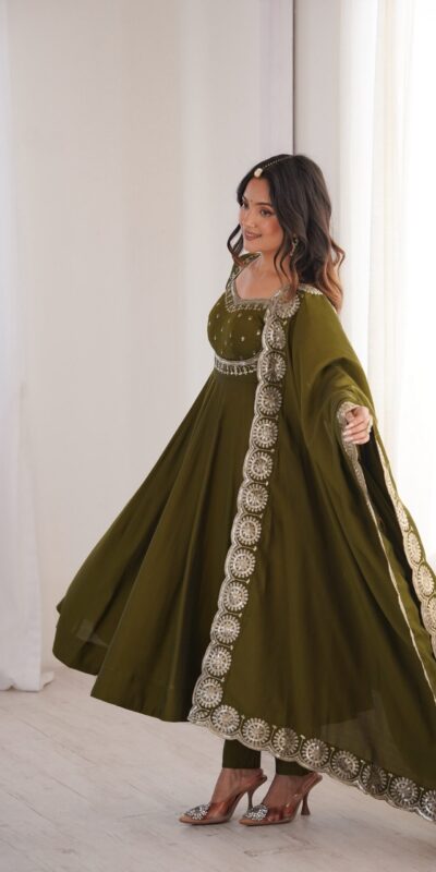 ZF 5026 Mehendi Colour Roman Silk Salwar Suit with Embroidery Work. Best Price ₹2399. Delivery 4-6 Working Days. Online Shop now. | Anarkali Suits, Bollywood Anarkali, Creative-Anarkali, Designer Anarkali, Embroidered Anarkali, Party Wear Anarkali