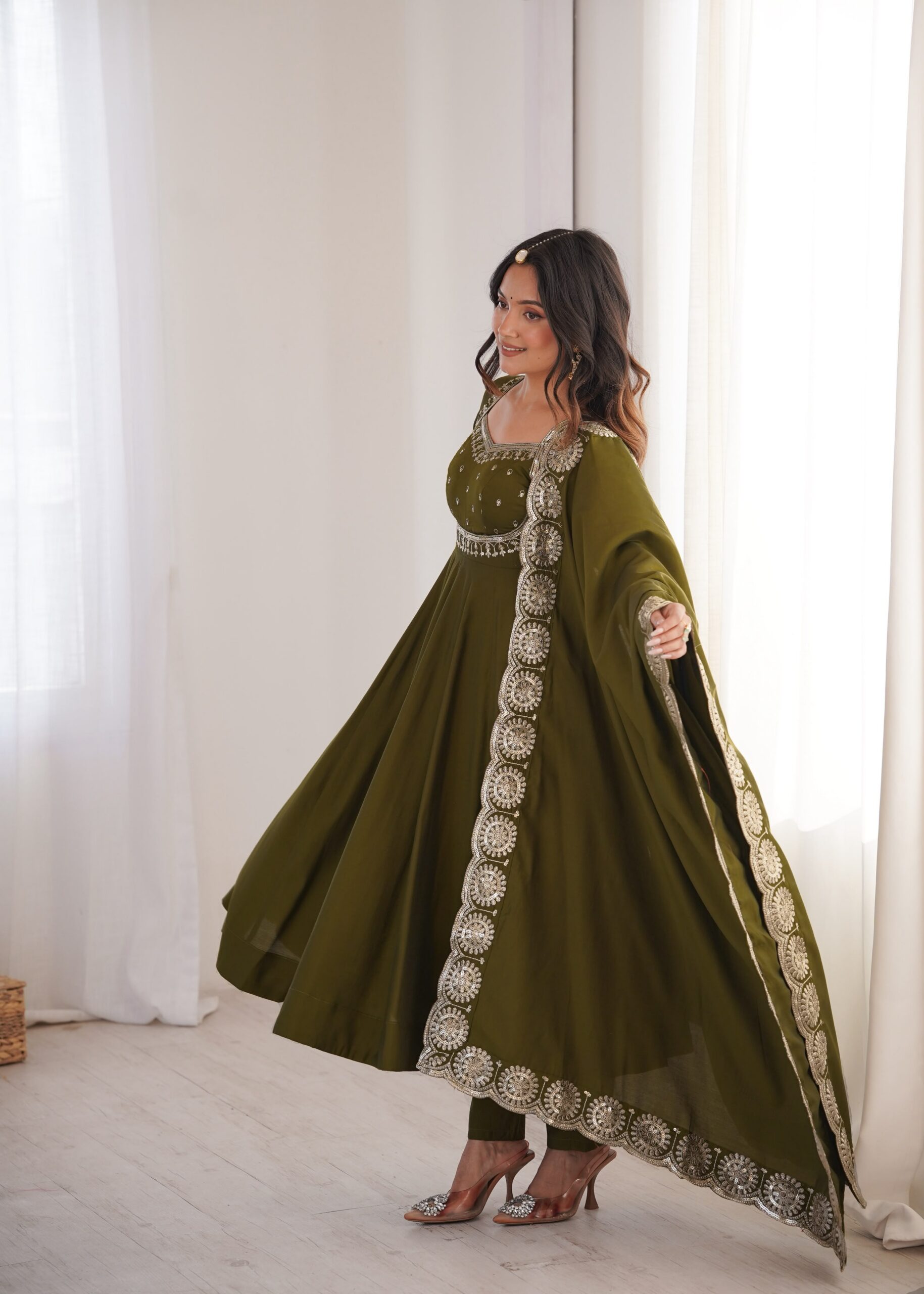 ZF 5026 Mehendi Colour Roman Silk Salwar Suit with Embroidery Work. Best Price ₹2399. Delivery 4-6 Working Days. Online Shop now. | Anarkali Suits, Bollywood Anarkali, Creative-Anarkali, Designer Anarkali, Embroidered Anarkali, Party Wear Anarkali
