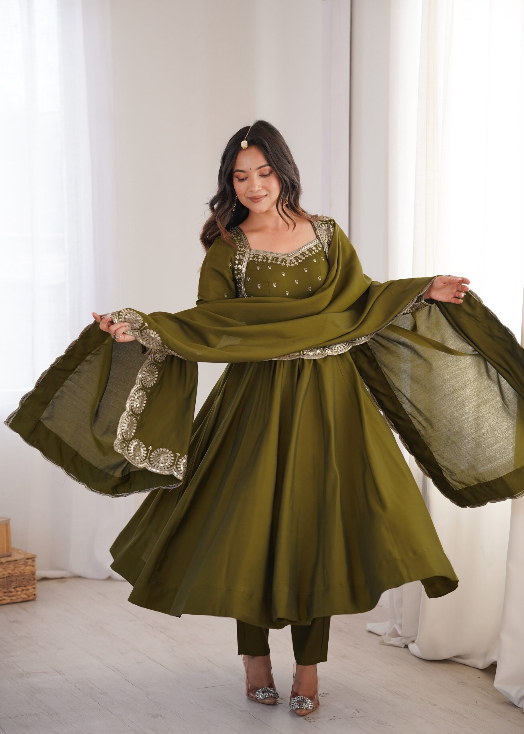 ZF 5026 Mehendi Colour Roman Silk Salwar Suit with Embroidery Work. Best Price ₹2399. Delivery 4-6 Working Days. Online Shop now. | Anarkali Suits, Bollywood Anarkali, Creative-Anarkali, Designer Anarkali, Embroidered Anarkali, Party Wear Anarkali