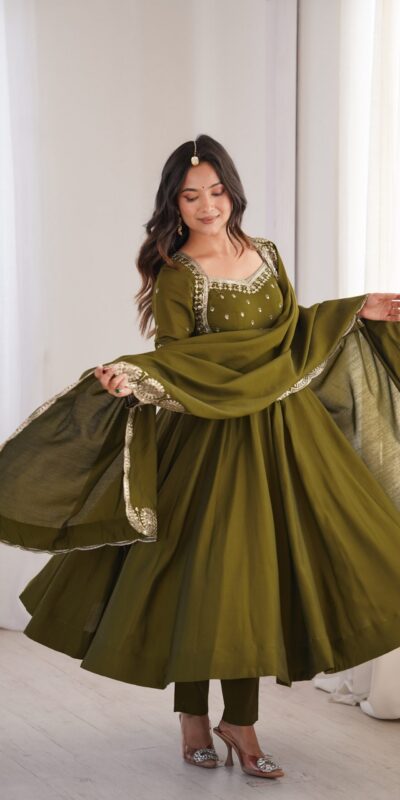 ZF 5026 Mehendi Colour Roman Silk Salwar Suit with Embroidery Work. Best Price ₹2399. Delivery 4-6 Working Days. Online Shop now. | Anarkali Suits, Bollywood Anarkali, Creative-Anarkali, Designer Anarkali, Embroidered Anarkali, Party Wear Anarkali