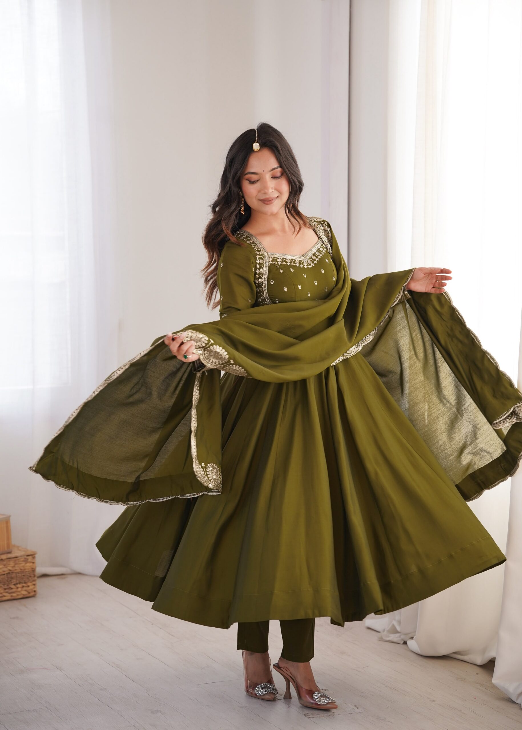 ZF 5026 Mehendi Colour Roman Silk Salwar Suit with Embroidery Work. Best Price ₹2399. Delivery 4-6 Working Days. Online Shop now. | Anarkali Suits, Bollywood Anarkali, Creative-Anarkali, Designer Anarkali, Embroidered Anarkali, Party Wear Anarkali