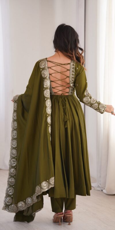 ZF 5026 Mehendi Colour Roman Silk Salwar Suit with Embroidery Work. Best Price ₹2399. Delivery 4-6 Working Days. Online Shop now. | Anarkali Suits, Bollywood Anarkali, Creative-Anarkali, Designer Anarkali, Embroidered Anarkali, Party Wear Anarkali