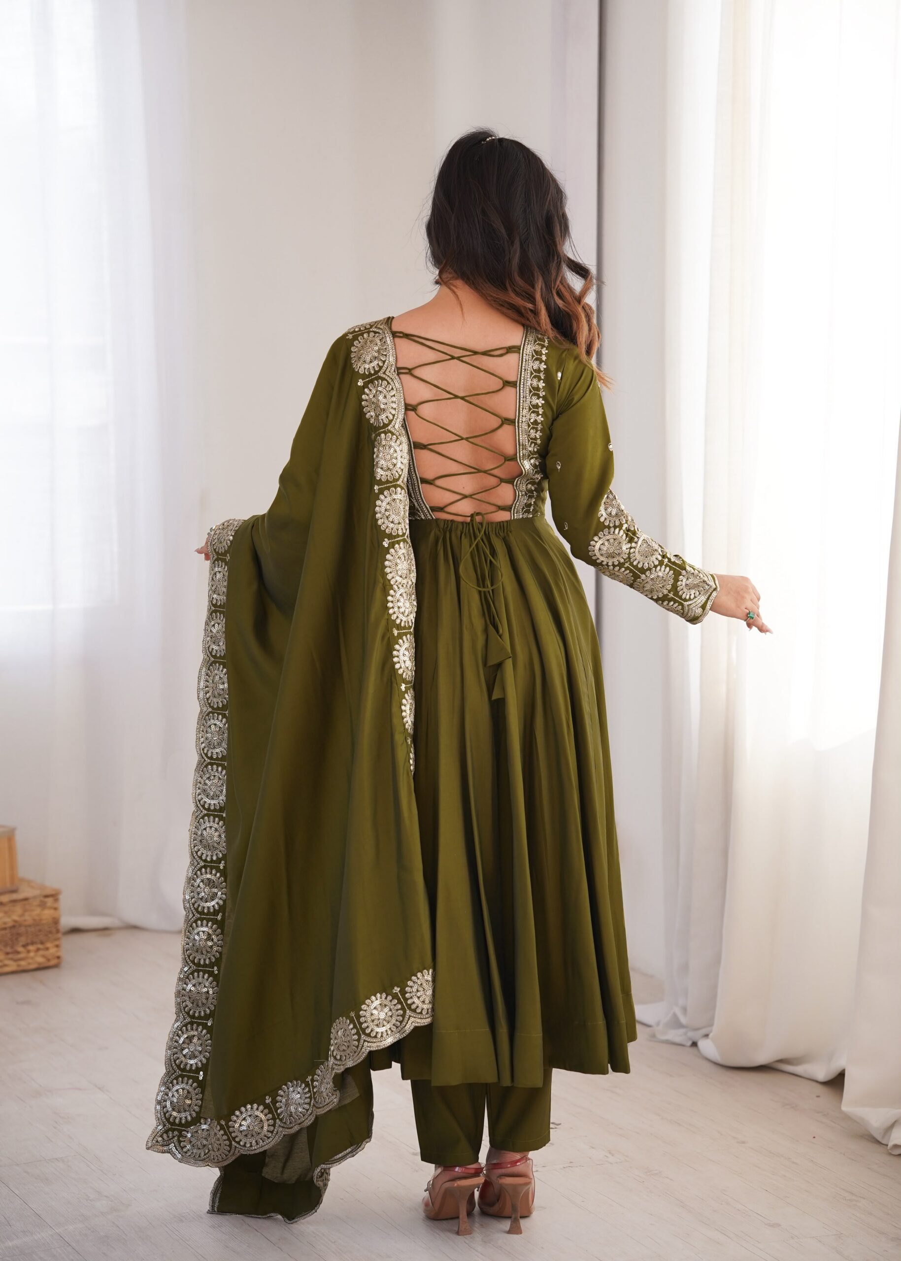 ZF 5026 Mehendi Colour Roman Silk Salwar Suit with Embroidery Work. Best Price ₹2399. Delivery 4-6 Working Days. Online Shop now. | Anarkali Suits, Bollywood Anarkali, Creative-Anarkali, Designer Anarkali, Embroidered Anarkali, Party Wear Anarkali