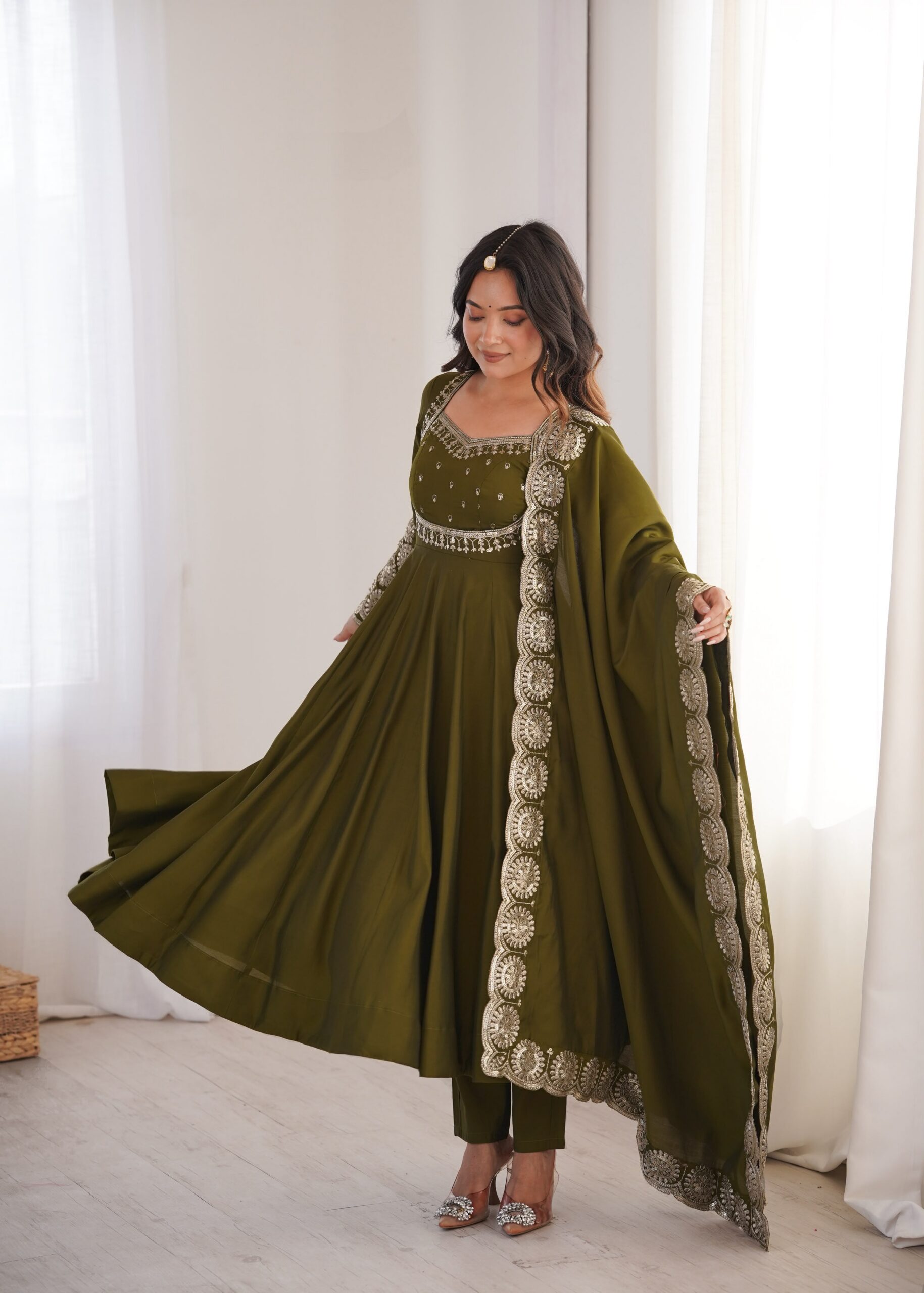 ZF 5026 Mehendi Colour Roman Silk Salwar Suit with Embroidery Work. Best Price ₹2399. Delivery 4-6 Working Days. Online Shop now. | Anarkali Suits, Bollywood Anarkali, Creative-Anarkali, Designer Anarkali, Embroidered Anarkali, Party Wear Anarkali