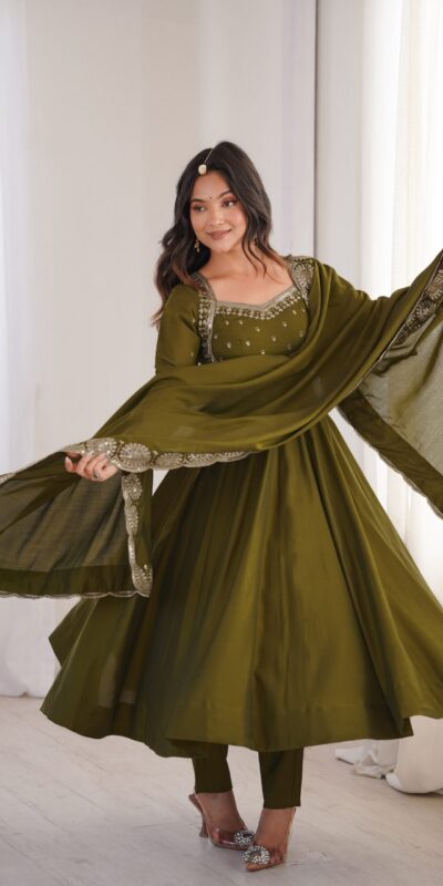 ZF 5026 Mehendi Colour Roman Silk Salwar Suit with Embroidery Work. Best Price ₹2399. Delivery 4-6 Working Days. Online Shop now. | Anarkali Suits, Bollywood Anarkali, Creative-Anarkali, Designer Anarkali, Embroidered Anarkali, Party Wear Anarkali