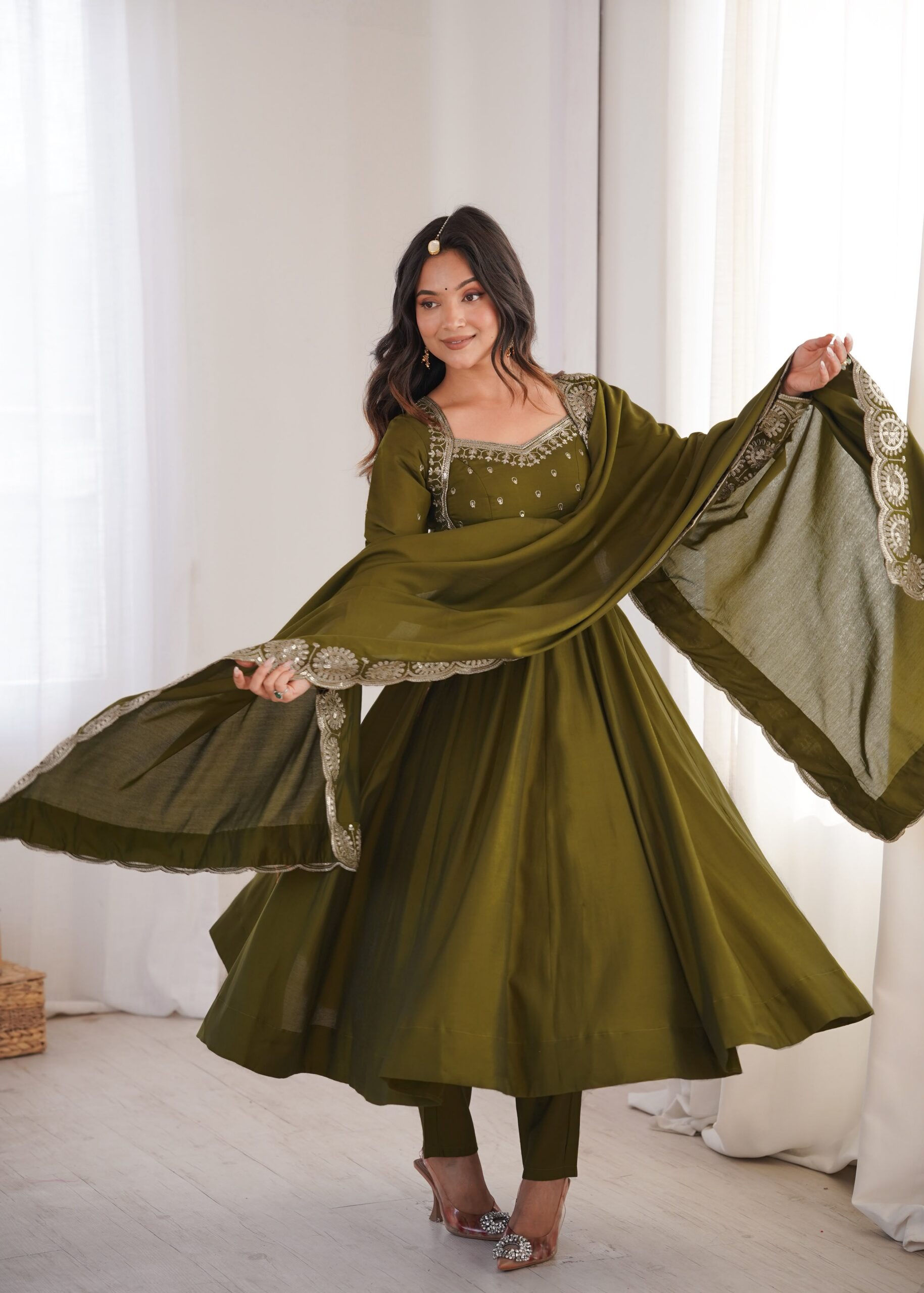 ZF 5026 Mehendi Colour Roman Silk Salwar Suit with Embroidery Work. Best Price ₹2399. Delivery 4-6 Working Days. Online Shop now. | Anarkali Suits, Bollywood Anarkali, Creative-Anarkali, Designer Anarkali, Embroidered Anarkali, Party Wear Anarkali