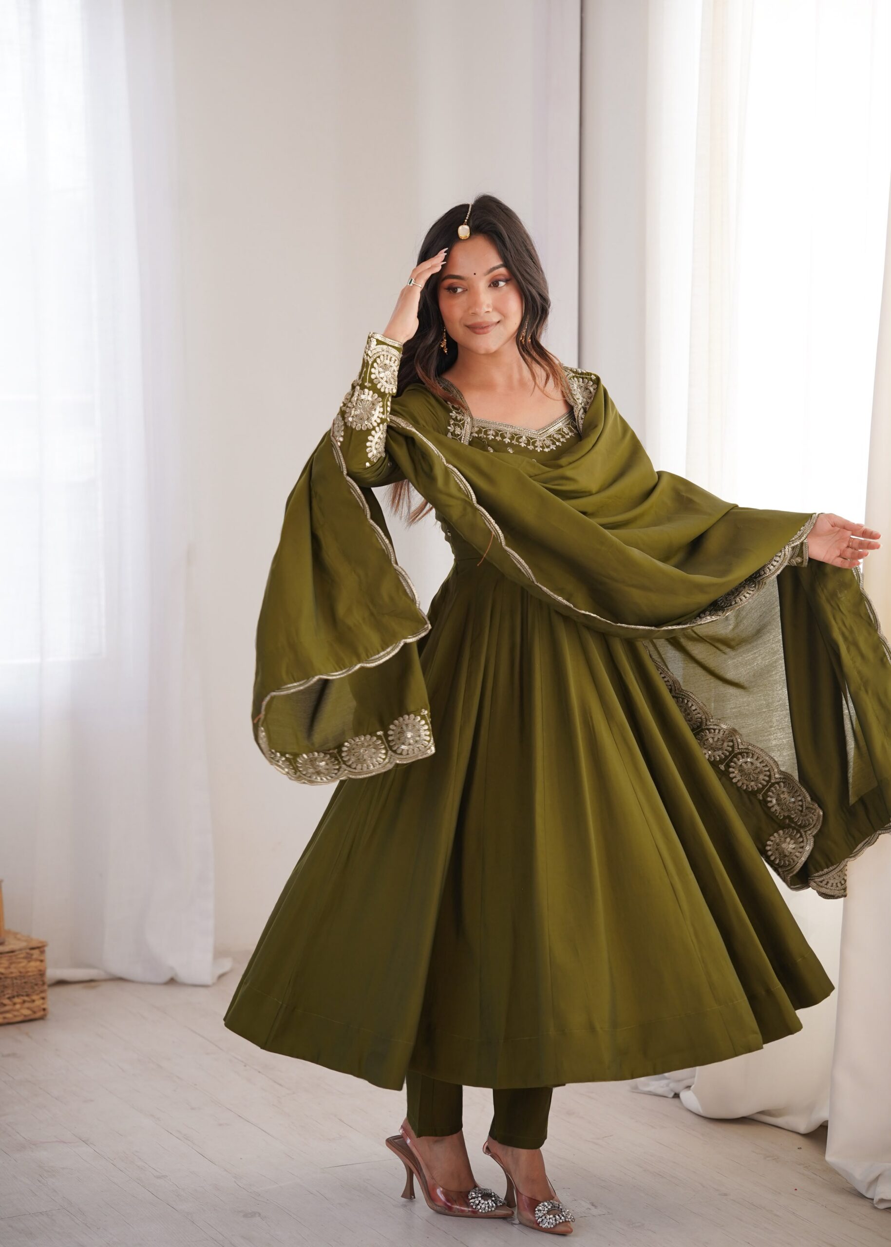 ZF 5026 Mehendi Colour Roman Silk Salwar Suit with Embroidery Work. Best Price ₹2399. Delivery 4-6 Working Days. Online Shop now. | Anarkali Suits, Bollywood Anarkali, Creative-Anarkali, Designer Anarkali, Embroidered Anarkali, Party Wear Anarkali