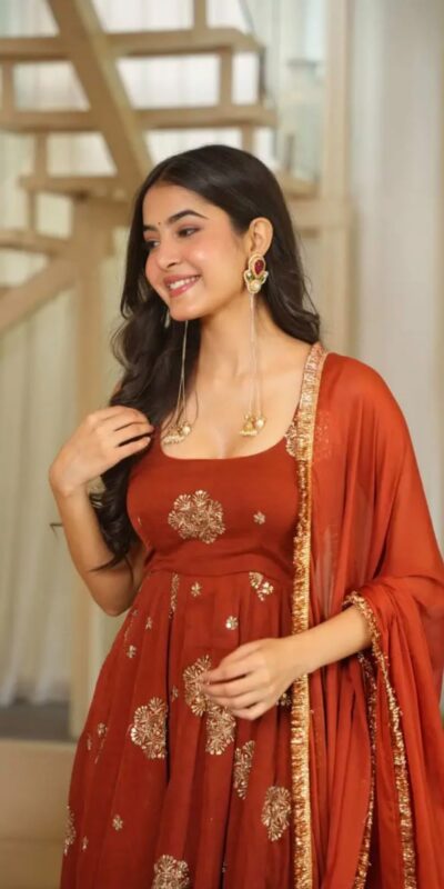ZSR 3189 Rust Doremon Crush Gown with Lace Work & Mirror Work. Exclusive Offer ₹2399. Delivery 4-6 Working Days. Shop now. | Bollywood Gowns, Creative Gowns, Designer Gowns, Embroidered Gowns, Gowns, Party Wear Gowns
