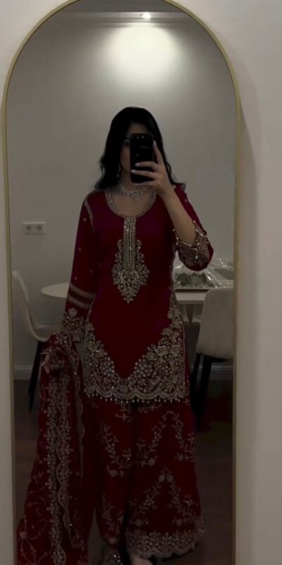 ZSR 3187 Maroon Faux Georgette Salwar Suit with Mirror Work & Embroidery Work. Get it for ₹2349. Delivery 4-6 Working Days. Shop now. | Casual Suits, Jump Suits, Creative suits, Designer Suits, Palazzo Suits, Party Wear Suits, Patiala Suits, Salwar suit, Straight Suits