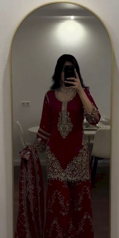 ZSR 3187 Maroon Faux Georgette Salwar Suit with Mirror Work & Embroidery Work. Get it for ₹2349. Delivery 4-6 Working Days. Shop now. | Casual Suits, Jump Suits, Creative suits, Designer Suits, Palazzo Suits, Party Wear Suits, Patiala Suits, Salwar suit, Straight Suits