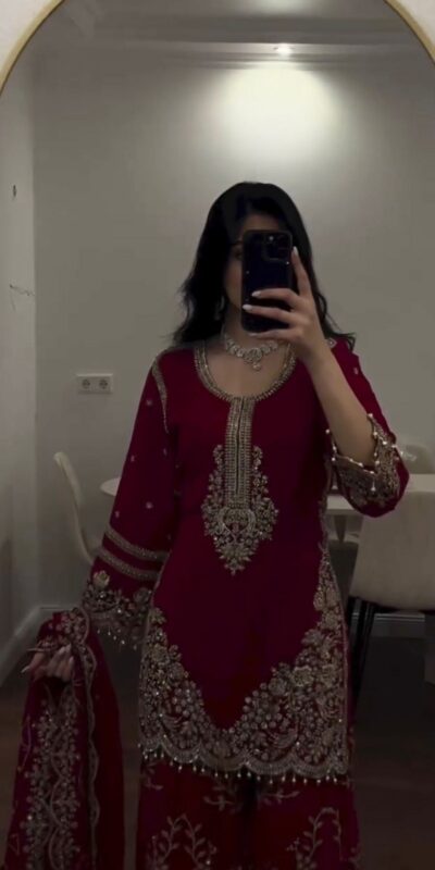 ZSR 3187 Maroon Faux Georgette Salwar Suit with Mirror Work & Embroidery Work. Get it for ₹2349. Delivery 4-6 Working Days. Shop now. | Casual Suits, Jump Suits, Creative suits, Designer Suits, Palazzo Suits, Party Wear Suits, Patiala Suits, Salwar suit, Straight Suits