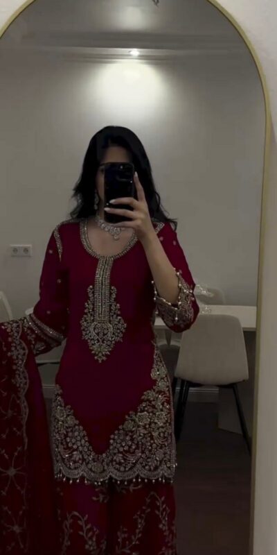 ZSR 3187 Maroon Faux Georgette Salwar Suit with Mirror Work & Embroidery Work. Get it for ₹2349. Delivery 4-6 Working Days. Shop now. | Casual Suits, Jump Suits, Creative suits, Designer Suits, Palazzo Suits, Party Wear Suits, Patiala Suits, Salwar suit, Straight Suits