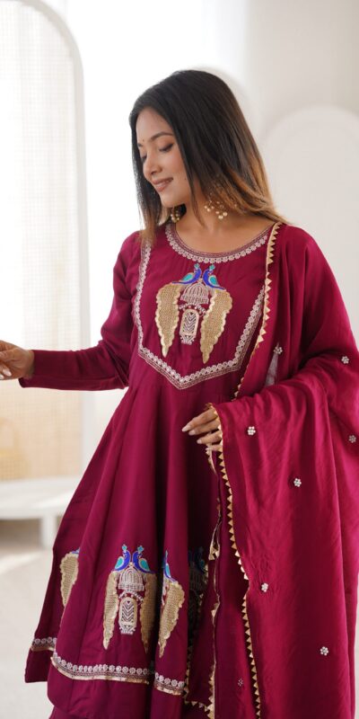 NSR 916 Maroon Roman Silk Salwar Suit with Sequins Work & Embroidery Work. Available at ₹2399 only. Delivery 4-6 Working Days. Shop now. | Casual Suits, Jump Suits, Creative suits, Designer Suits, Palazzo Suits, Party Wear Suits, Patiala Suits, Salwar suit, Straight Suits