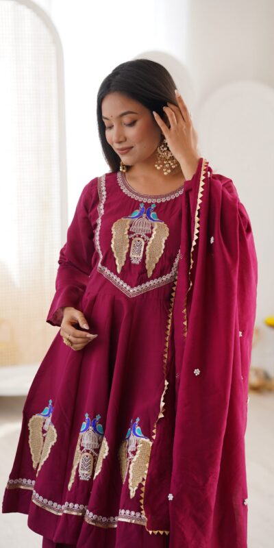 NSR 916 Maroon Roman Silk Salwar Suit with Sequins Work & Embroidery Work. Available at ₹2399 only. Delivery 4-6 Working Days. Shop now. | Casual Suits, Jump Suits, Creative suits, Designer Suits, Palazzo Suits, Party Wear Suits, Patiala Suits, Salwar suit, Straight Suits