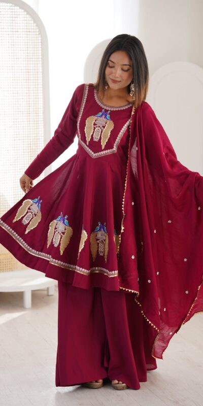 NSR 916 Maroon Roman Silk Salwar Suit with Sequins Work & Embroidery Work. Available at ₹2399 only. Delivery 4-6 Working Days. Shop now. | Casual Suits, Jump Suits, Creative suits, Designer Suits, Palazzo Suits, Party Wear Suits, Patiala Suits, Salwar suit, Straight Suits