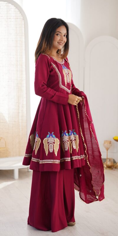 NSR 916 Maroon Roman Silk Salwar Suit with Sequins Work & Embroidery Work. Available at ₹2399 only. Delivery 4-6 Working Days. Shop now. | Casual Suits, Jump Suits, Creative suits, Designer Suits, Palazzo Suits, Party Wear Suits, Patiala Suits, Salwar suit, Straight Suits