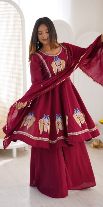 NSR 916 Maroon Roman Silk Salwar Suit with Sequins Work & Embroidery Work. Available at ₹2399 only. Delivery 4-6 Working Days. Shop now. | Casual Suits, Jump Suits, Creative suits, Designer Suits, Palazzo Suits, Party Wear Suits, Patiala Suits, Salwar suit, Straight Suits