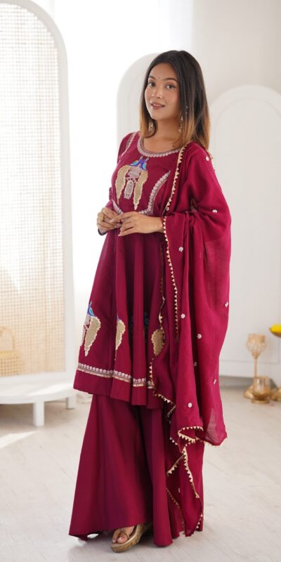 NSR 916 Maroon Roman Silk Salwar Suit with Sequins Work & Embroidery Work. Available at ₹2399 only. Delivery 4-6 Working Days. Shop now. | Casual Suits, Jump Suits, Creative suits, Designer Suits, Palazzo Suits, Party Wear Suits, Patiala Suits, Salwar suit, Straight Suits