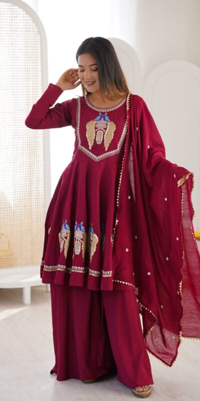 NSR 916 Maroon Roman Silk Salwar Suit with Sequins Work & Embroidery Work. Available at ₹2399 only. Delivery 4-6 Working Days. Shop now. | Casual Suits, Jump Suits, Creative suits, Designer Suits, Palazzo Suits, Party Wear Suits, Patiala Suits, Salwar suit, Straight Suits