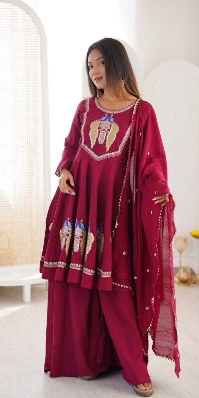NSR 916 Maroon Roman Silk Salwar Suit with Sequins Work & Embroidery Work. Available at ₹2399 only. Delivery 4-6 Working Days. Shop now. | Casual Suits, Jump Suits, Creative suits, Designer Suits, Palazzo Suits, Party Wear Suits, Patiala Suits, Salwar suit, Straight Suits
