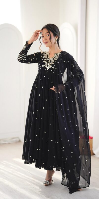 JF 056 Black Faux Georgette Salwar Suit with Mirror Work & Embroidery Work. Get it for ₹2349. Delivery 4-6 Working Days. Shop now. | Casual Suits, Jump Suits, Creative suits, Designer Suits, Palazzo Suits, Party Wear Suits, Patiala Suits, Salwar suit, Straight Suits