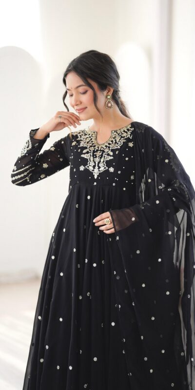 JF 056 Black Faux Georgette Salwar Suit with Mirror Work & Embroidery Work. Get it for ₹2349. Delivery 4-6 Working Days. Shop now. | Casual Suits, Jump Suits, Creative suits, Designer Suits, Palazzo Suits, Party Wear Suits, Patiala Suits, Salwar suit, Straight Suits