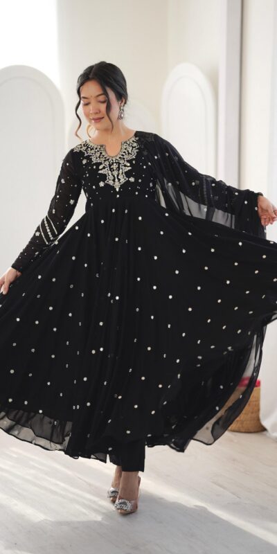 JF 056 Black Faux Georgette Salwar Suit with Mirror Work & Embroidery Work. Get it for ₹2349. Delivery 4-6 Working Days. Shop now. | Casual Suits, Jump Suits, Creative suits, Designer Suits, Palazzo Suits, Party Wear Suits, Patiala Suits, Salwar suit, Straight Suits
