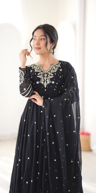 JF 056 Black Faux Georgette Salwar Suit with Mirror Work & Embroidery Work. Get it for ₹2349. Delivery 4-6 Working Days. Shop now. | Casual Suits, Jump Suits, Creative suits, Designer Suits, Palazzo Suits, Party Wear Suits, Patiala Suits, Salwar suit, Straight Suits