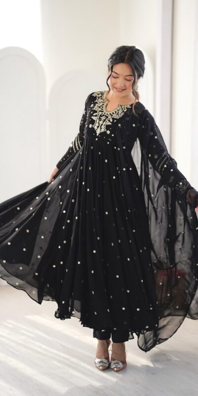JF 056 Black Faux Georgette Salwar Suit with Mirror Work & Embroidery Work. Get it for ₹2349. Delivery 4-6 Working Days. Shop now. | Casual Suits, Jump Suits, Creative suits, Designer Suits, Palazzo Suits, Party Wear Suits, Patiala Suits, Salwar suit, Straight Suits