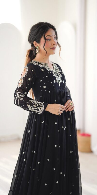 JF 056 Black Faux Georgette Salwar Suit with Mirror Work & Embroidery Work. Get it for ₹2349. Delivery 4-6 Working Days. Shop now. | Casual Suits, Jump Suits, Creative suits, Designer Suits, Palazzo Suits, Party Wear Suits, Patiala Suits, Salwar suit, Straight Suits