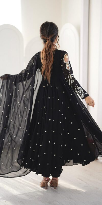 JF 056 Black Faux Georgette Salwar Suit with Mirror Work & Embroidery Work. Get it for ₹2349. Delivery 4-6 Working Days. Shop now. | Casual Suits, Jump Suits, Creative suits, Designer Suits, Palazzo Suits, Party Wear Suits, Patiala Suits, Salwar suit, Straight Suits