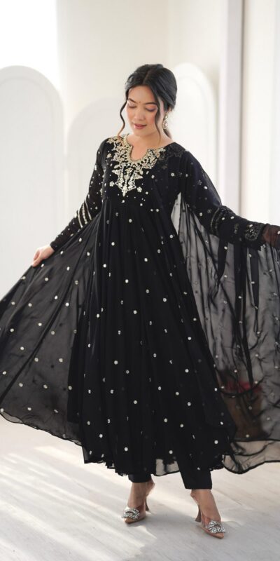 JF 056 Black Faux Georgette Salwar Suit with Mirror Work & Embroidery Work. Get it for ₹2349. Delivery 4-6 Working Days. Shop now. | Casual Suits, Jump Suits, Creative suits, Designer Suits, Palazzo Suits, Party Wear Suits, Patiala Suits, Salwar suit, Straight Suits