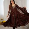 JF 056 Brown Faux Georgette Salwar Suit with Mirror Work & Embroidery Work. Get it for ₹2349. Delivery 4-6 Working Days. Shop now. | Casual Suits, Jump Suits, Creative suits, Designer Suits, Palazzo Suits, Party Wear Suits, Patiala Suits, Salwar suit, Straight Suits