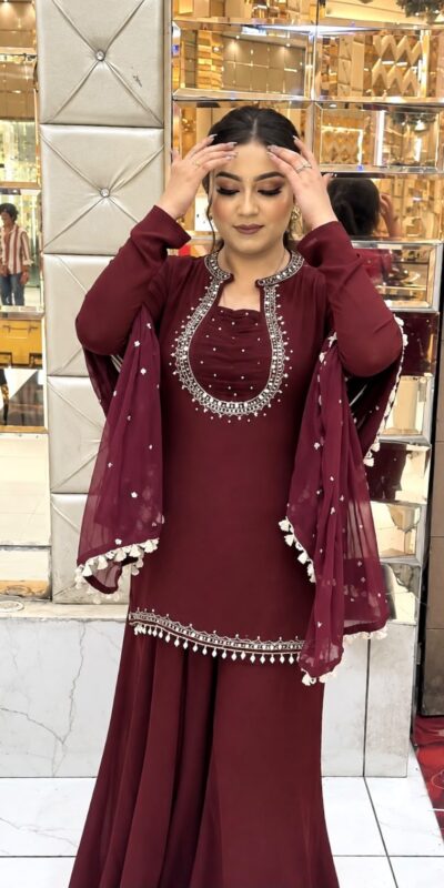 KD 1646 Maroon Georgette Salwar Suit with Mirror Work & Embroidery Work. Get it for ₹2149. Delivery 4-6 Working Days. Shop now. | Casual Suits, Jump Suits, Creative suits, Designer Suits, Palazzo Suits, Party Wear Suits, Patiala Suits, Salwar suit, Straight Suits
