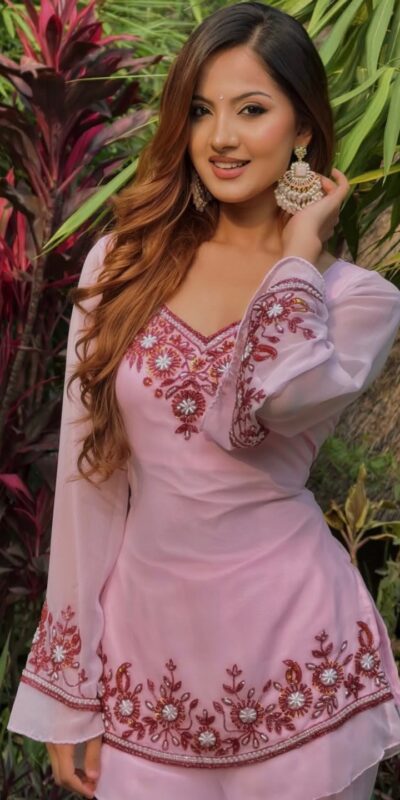 MF 509 Pink Faux Georgette Salwar Suit with Embroidery Work. Available at ₹1999 only. Delivery 4-6 Working Days. Shop now. | Casual Suits, Jump Suits, Tops & Bottoms, Track Suits, Trendy Wear, Creative suits, Designer Suits, Palazzo Suits, Party Wear Suits, Patiala Suits, Salwar suit, Straight Suits