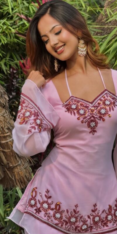 MF 509 Pink Faux Georgette Salwar Suit with Embroidery Work. Available at ₹1999 only. Delivery 4-6 Working Days. Shop now. | Casual Suits, Jump Suits, Tops & Bottoms, Track Suits, Trendy Wear, Creative suits, Designer Suits, Palazzo Suits, Party Wear Suits, Patiala Suits, Salwar suit, Straight Suits