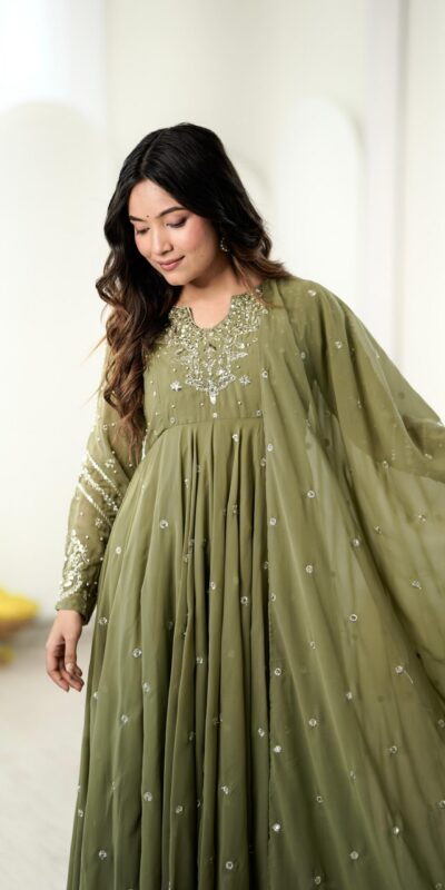 JF 056 Sage Green Faux Georgette Salwar Suit with Mirror Work & Embroidery Work. Get it for ₹2349. Delivery 4-6 Working Days. Shop now. | Casual Suits, Jump Suits, Creative suits, Designer Suits, Palazzo Suits, Party Wear Suits, Patiala Suits, Salwar suit, Straight Suits