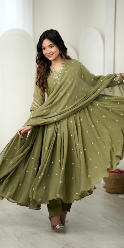 JF 056 Sage Green Faux Georgette Salwar Suit with Mirror Work & Embroidery Work. Get it for ₹2349. Delivery 4-6 Working Days. Shop now. | Casual Suits, Jump Suits, Creative suits, Designer Suits, Palazzo Suits, Party Wear Suits, Patiala Suits, Salwar suit, Straight Suits