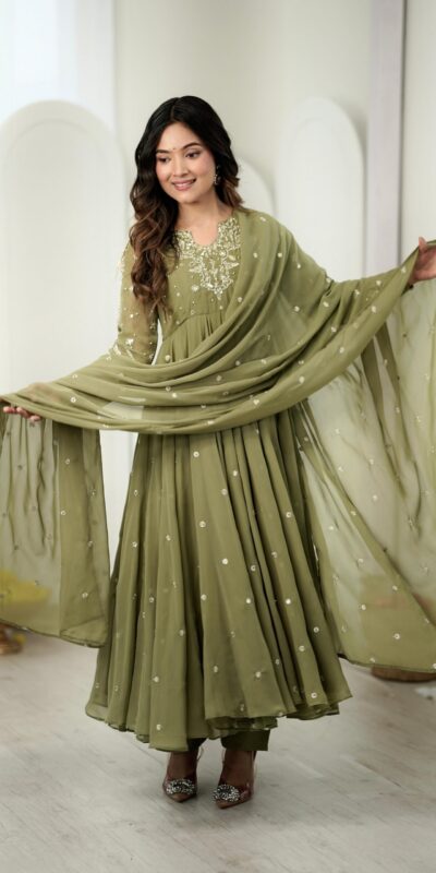 JF 056 Sage Green Faux Georgette Salwar Suit with Mirror Work & Embroidery Work. Get it for ₹2349. Delivery 4-6 Working Days. Shop now. | Casual Suits, Jump Suits, Creative suits, Designer Suits, Palazzo Suits, Party Wear Suits, Patiala Suits, Salwar suit, Straight Suits