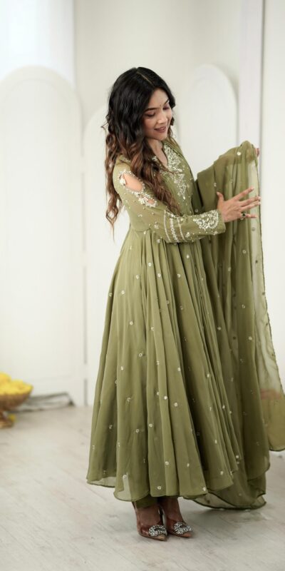 JF 056 Sage Green Faux Georgette Salwar Suit with Mirror Work & Embroidery Work. Get it for ₹2349. Delivery 4-6 Working Days. Shop now. | Casual Suits, Jump Suits, Creative suits, Designer Suits, Palazzo Suits, Party Wear Suits, Patiala Suits, Salwar suit, Straight Suits
