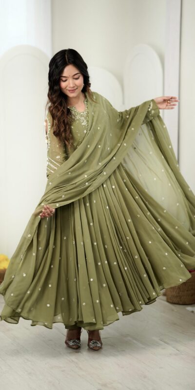 JF 056 Sage Green Faux Georgette Salwar Suit with Mirror Work & Embroidery Work. Get it for ₹2349. Delivery 4-6 Working Days. Shop now. | Casual Suits, Jump Suits, Creative suits, Designer Suits, Palazzo Suits, Party Wear Suits, Patiala Suits, Salwar suit, Straight Suits