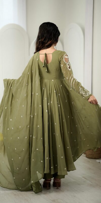 JF 056 Sage Green Faux Georgette Salwar Suit with Mirror Work & Embroidery Work. Get it for ₹2349. Delivery 4-6 Working Days. Shop now. | Casual Suits, Jump Suits, Creative suits, Designer Suits, Palazzo Suits, Party Wear Suits, Patiala Suits, Salwar suit, Straight Suits